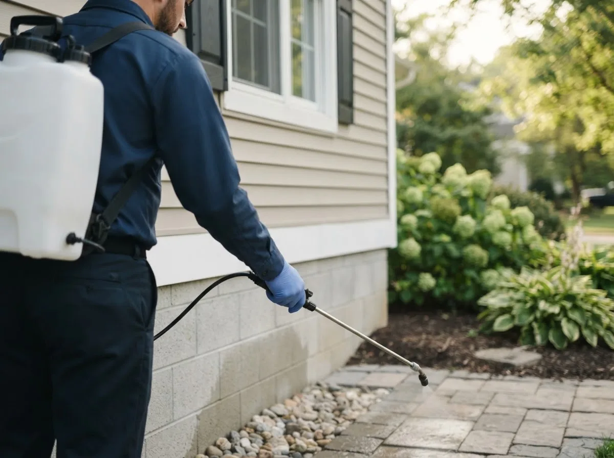 Pest control technician inspecting a home in Marquez, TX